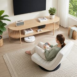White Swivel Floor Lounge Chair & Pine TV Stand Details