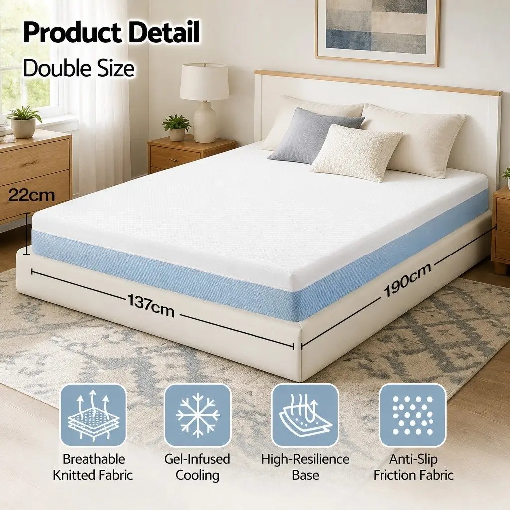 Memory Foam Mattress Medium Firm 22cm Double Cooling Gel White Blue