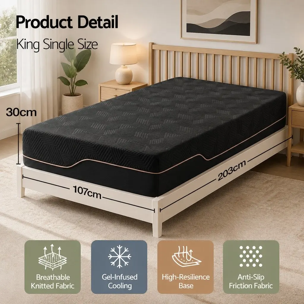 King Single 30cm Memory Foam Mattress With Cooling Gel