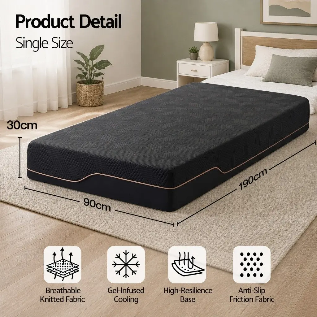 Single Memory Foam Mattress Cooling Gel 30cm Medium Firm Black