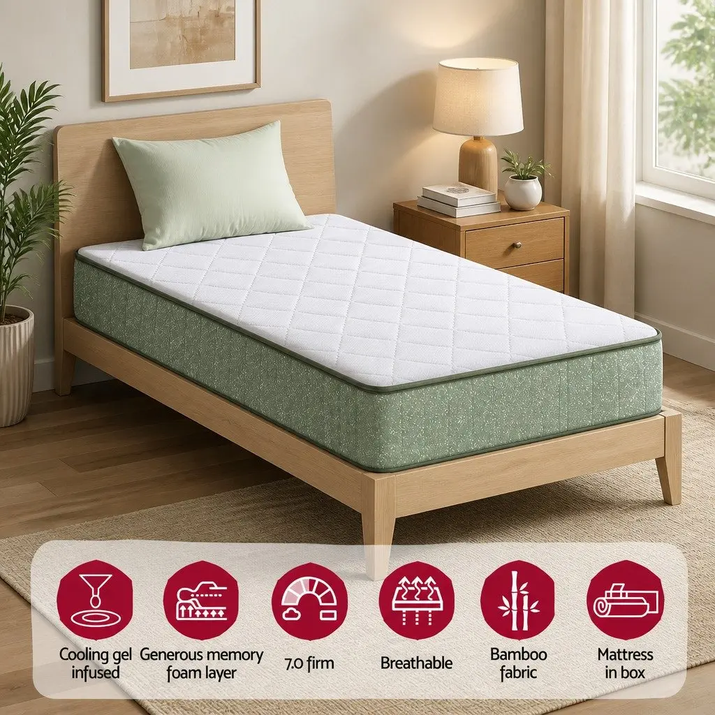 Single Memory Foam Mattress Firm Support 25cm Cooling Gel Charcoal Green and White