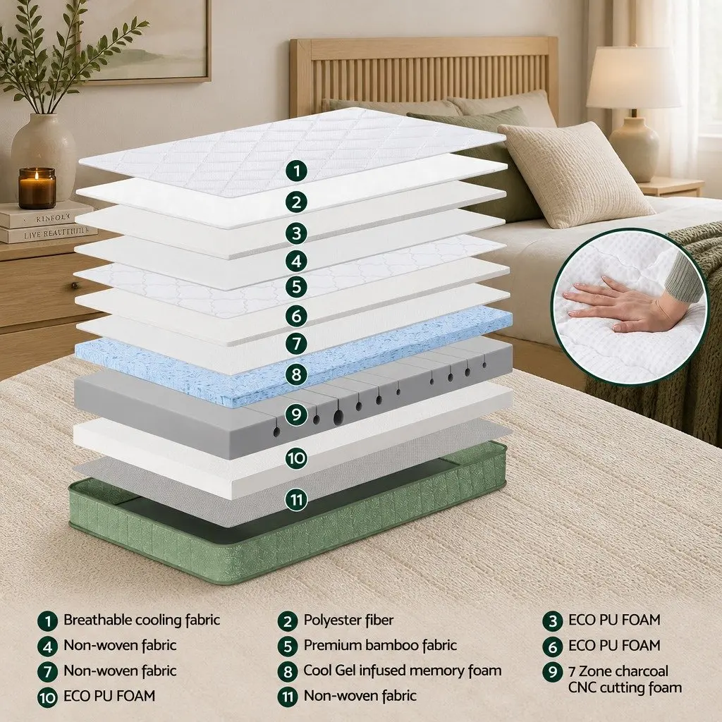 Single Memory Foam Mattress Firm Support 25cm Cooling Gel Charcoal Green and White