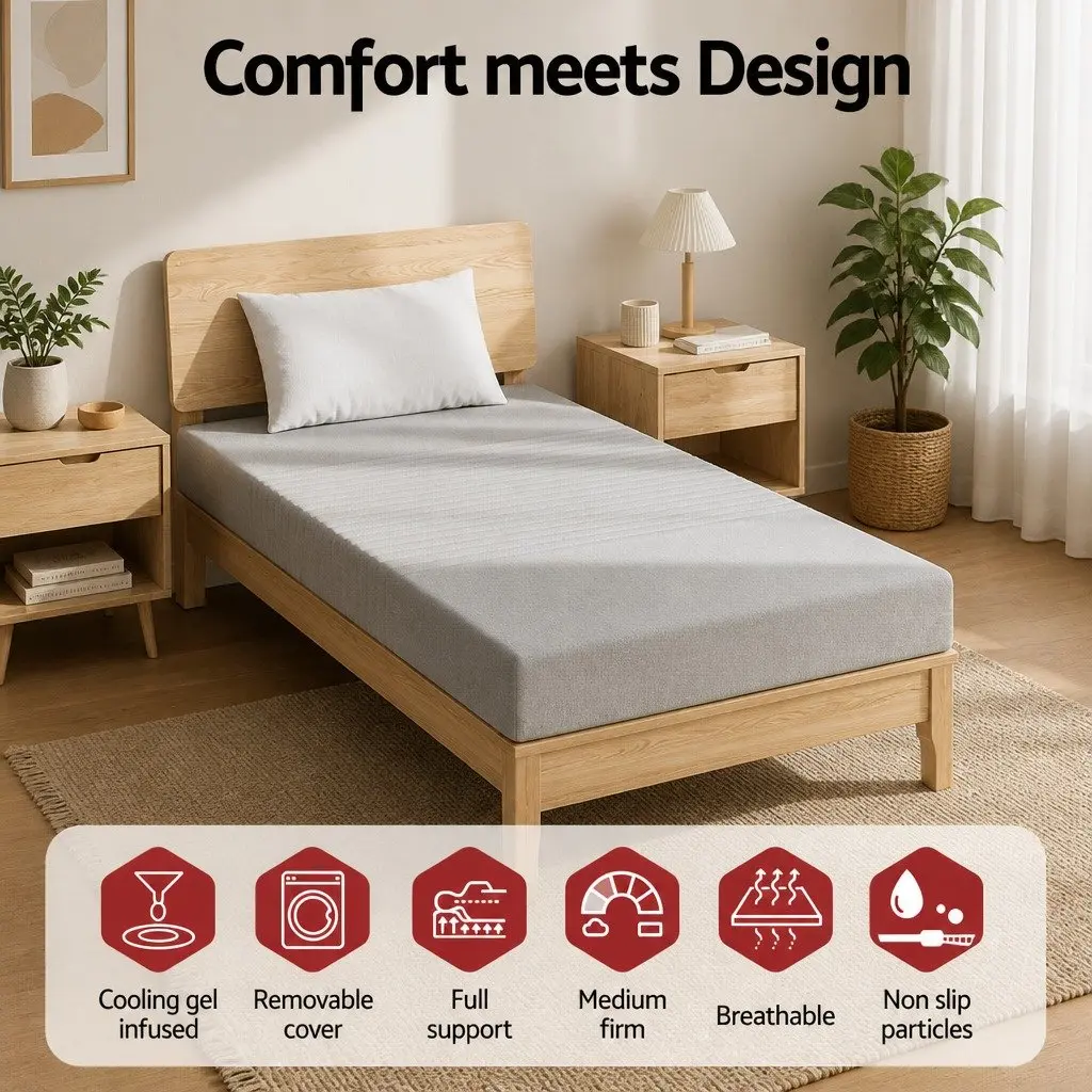 Single Memory Foam Mattress Medium-Firm 15cm Cool Gel 7-Zone Support Bamboo Cover Grey