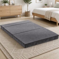 Grey Velvet Foldable Foam Mattress Double Bed Sofa