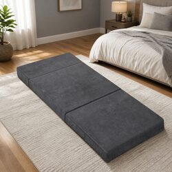 Foldable Foam Mattress Chair in Dark Grey Velvet Material