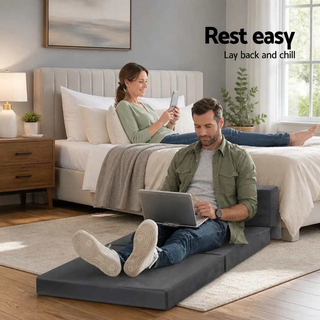 Foldable Foam Mattress Chair in Dark Grey Velvet Material