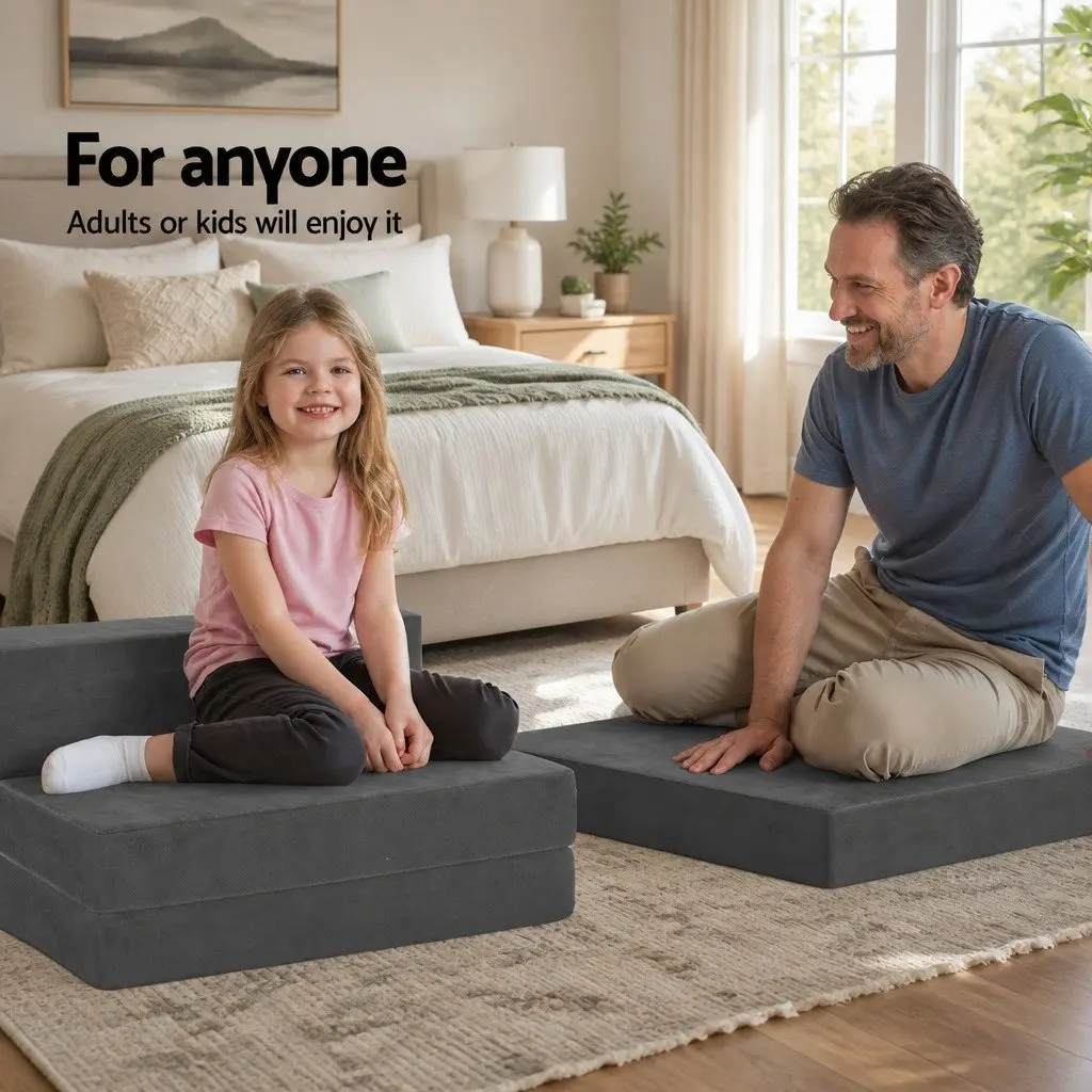 Foldable Foam Mattress Chair in Dark Grey Velvet Material
