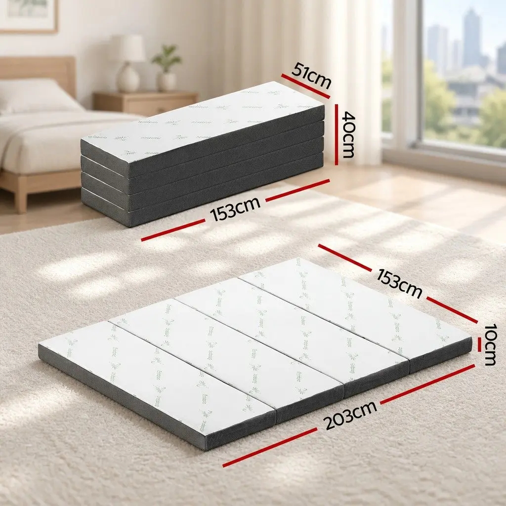 Foldable Foam Mattress Medium Firmness Queen Size Bamboo Cover Black