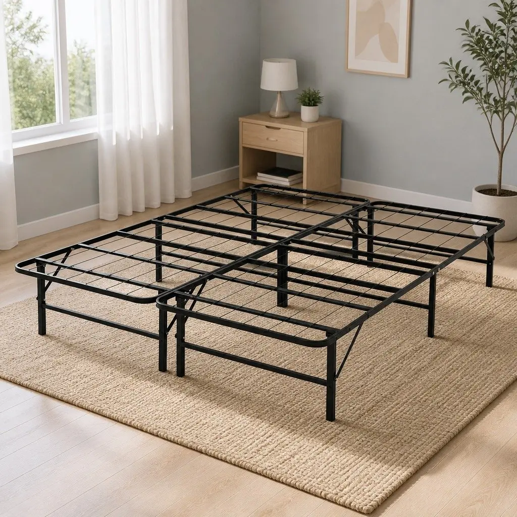 Queen Folding Bed Frame Metal Base Black Easy Assembly 36cm High