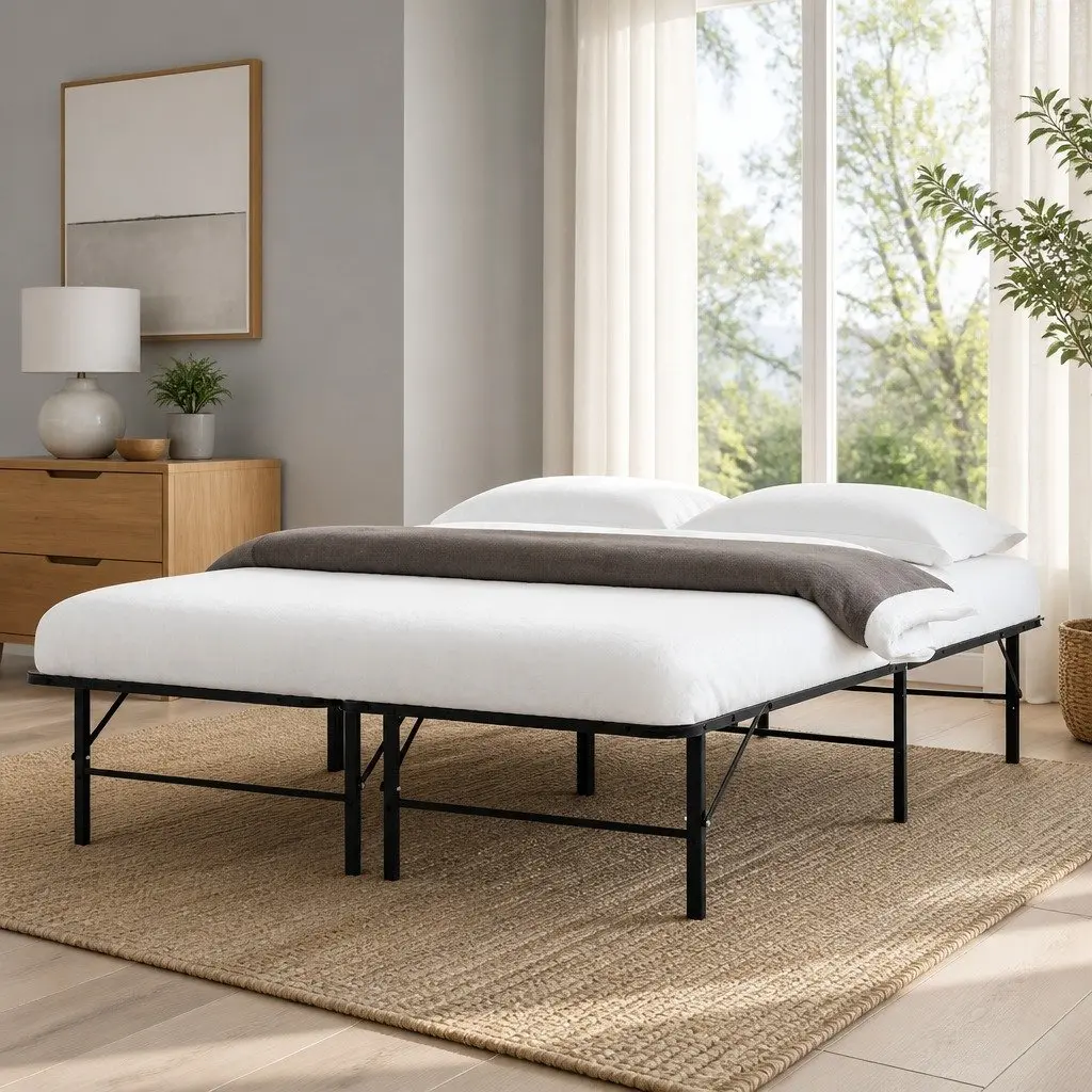 Queen Folding Bed Frame Metal Base Black Easy Assembly 36cm High