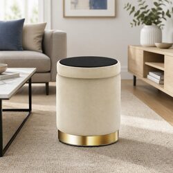 Tufted Velvet Round Storage Ottoman in Cream