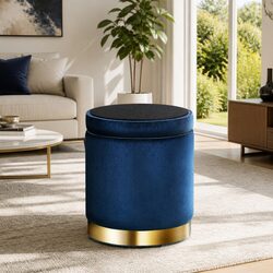 Round Velvet Ottoman Storage Foot Stool in Navy