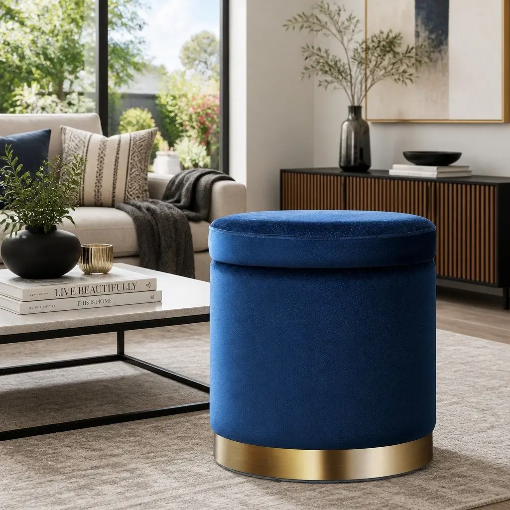 Ottoman Storage Foot Stool Velvet Tufted Navy 40cm