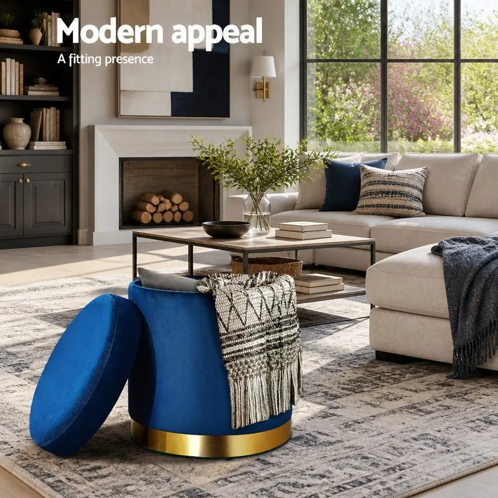 Ottoman Storage Foot Stool Velvet Tufted Navy 40cm
