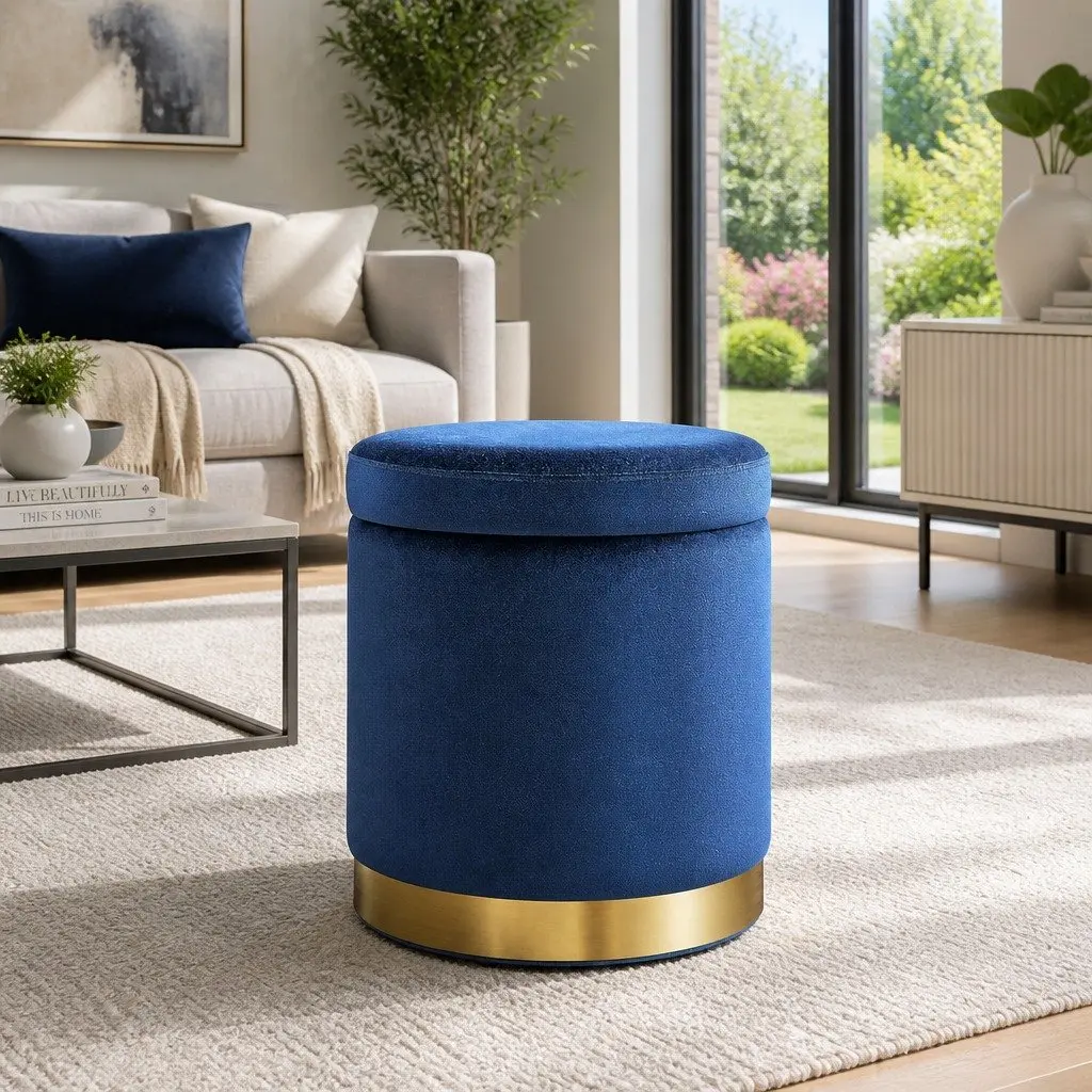 Ottoman Storage Foot Stool Velvet Tufted Navy 40cm