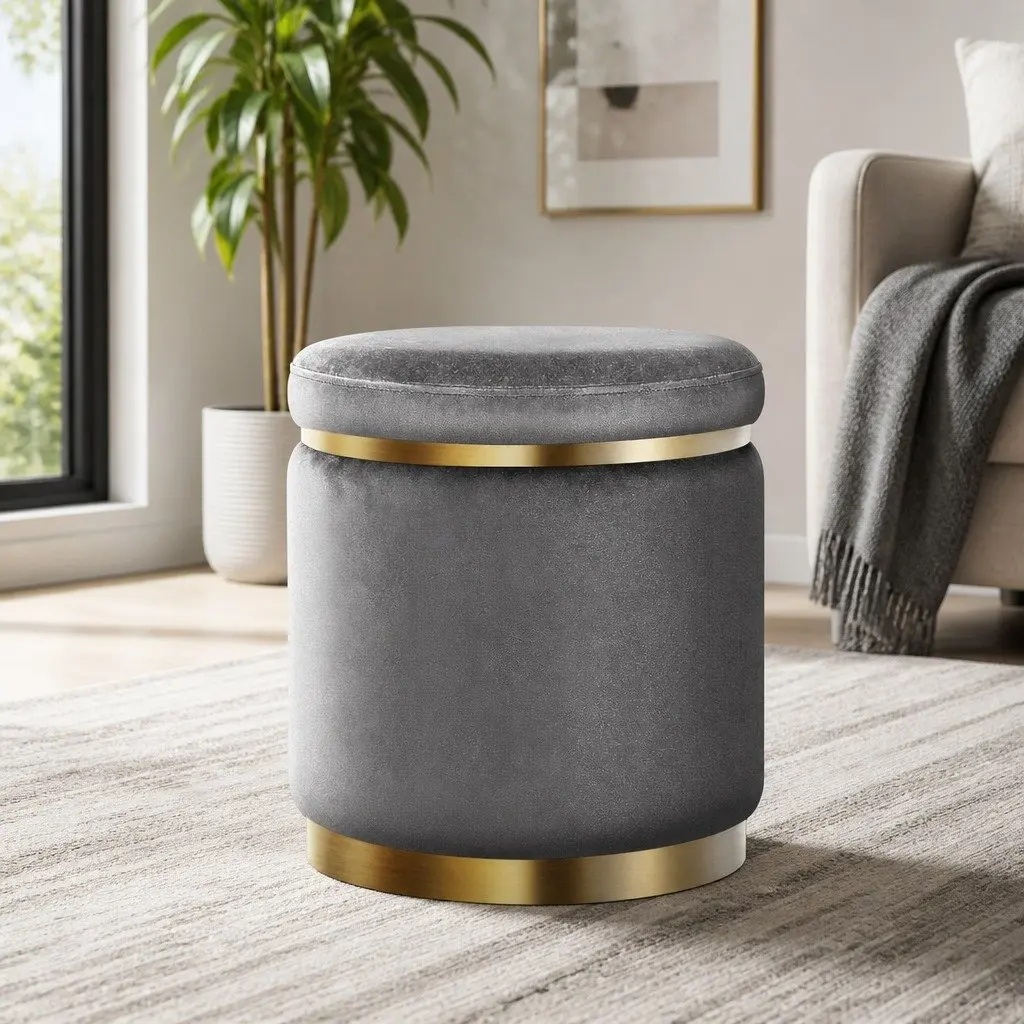 Ottoman Foot Stool Velvet Charcoal Grey Round Upholstered Seat Sturdy