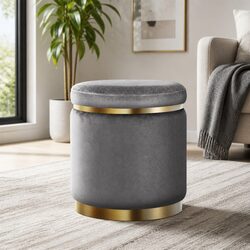 Round Ottoman Foot Stool with Charcoal Grey Velvet Upholstery