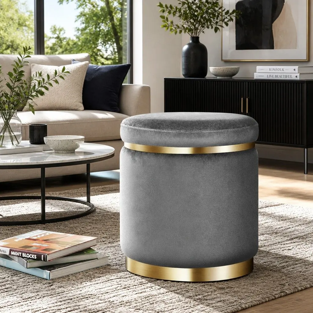 Ottoman Foot Stool Velvet Charcoal Grey Round Upholstered Seat Sturdy
