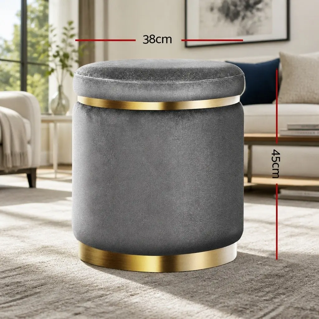 Ottoman Foot Stool Velvet Charcoal Grey Round Upholstered Seat Sturdy