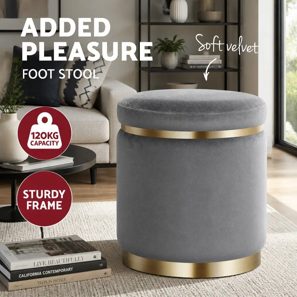 Ottoman Foot Stool Velvet Charcoal Grey Round Upholstered Seat Sturdy
