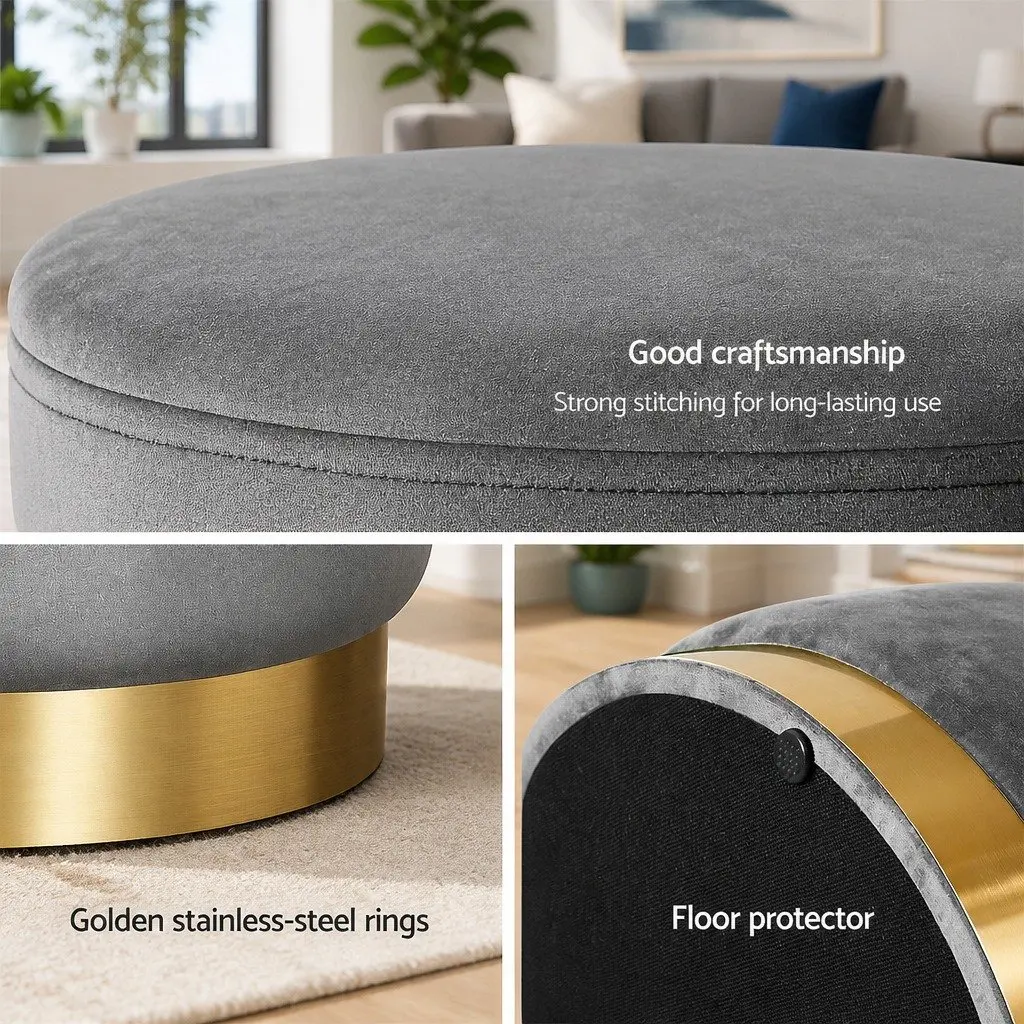 Ottoman Foot Stool Velvet Charcoal Grey Round Upholstered Seat Sturdy