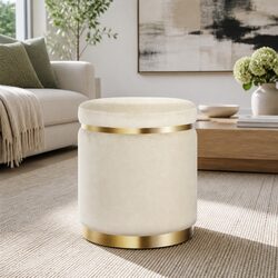 Round Velvet Ottoman Footstool with Tufted Seat in Cream