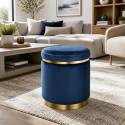 Navy Velvet Ottoman Foot Stool with Gold Rings