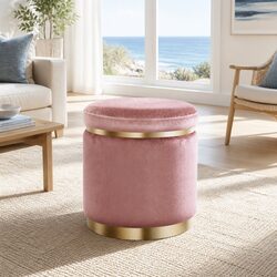Round Ottoman Footstool in Pink Velvet with Gold Rings