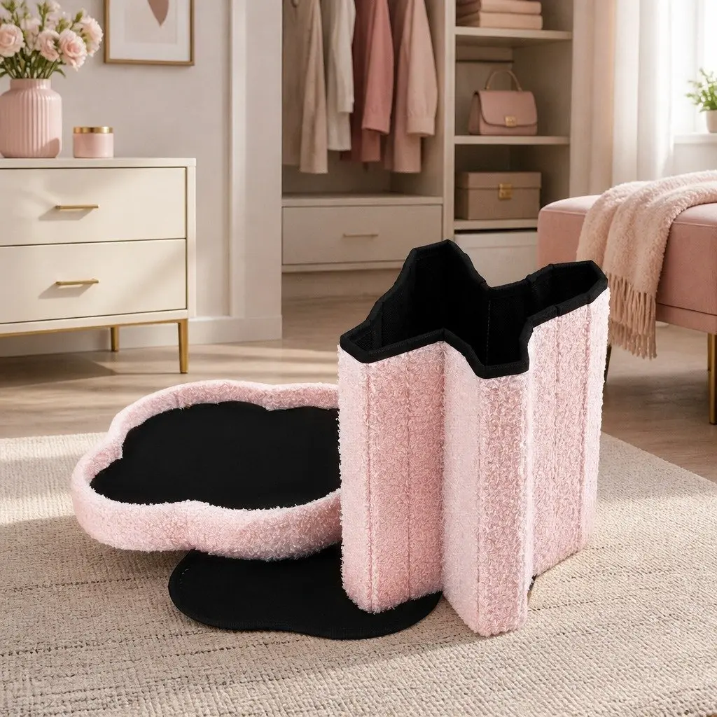 Storage Ottoman Foot Stool Foldable Comfort Pink Boucle Fabric