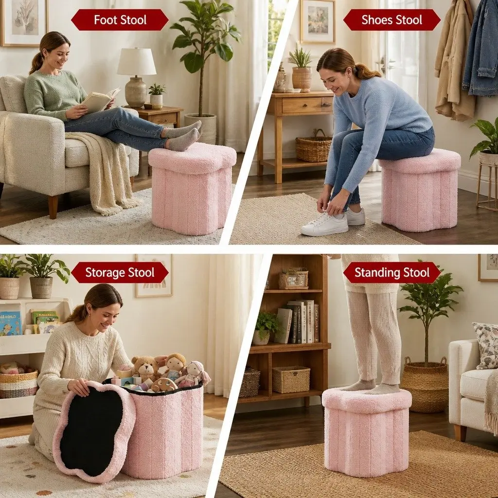 Storage Ottoman Foot Stool Foldable Comfort Pink Boucle Fabric