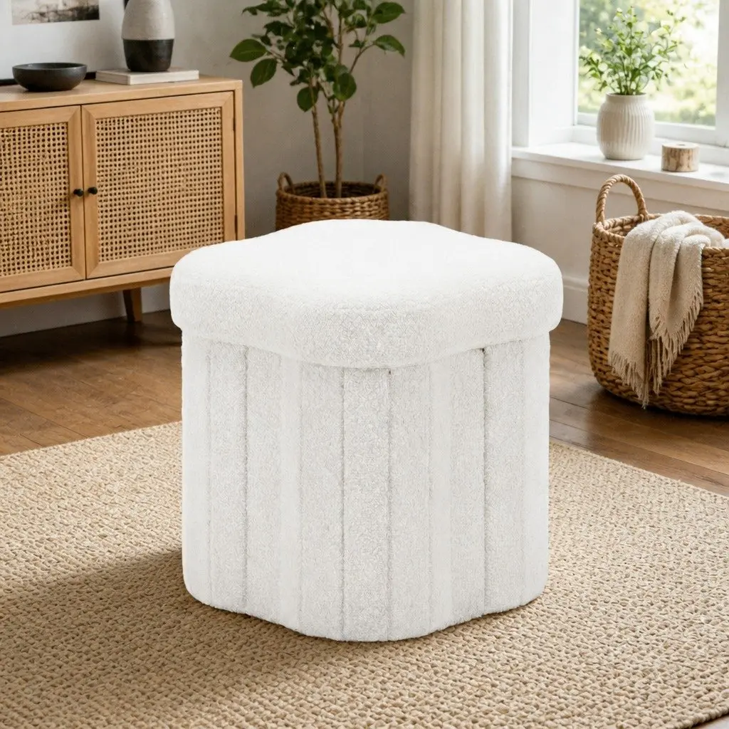 Storage Ottoman Foot Stool Foldable Comfort White Boucle 32cm