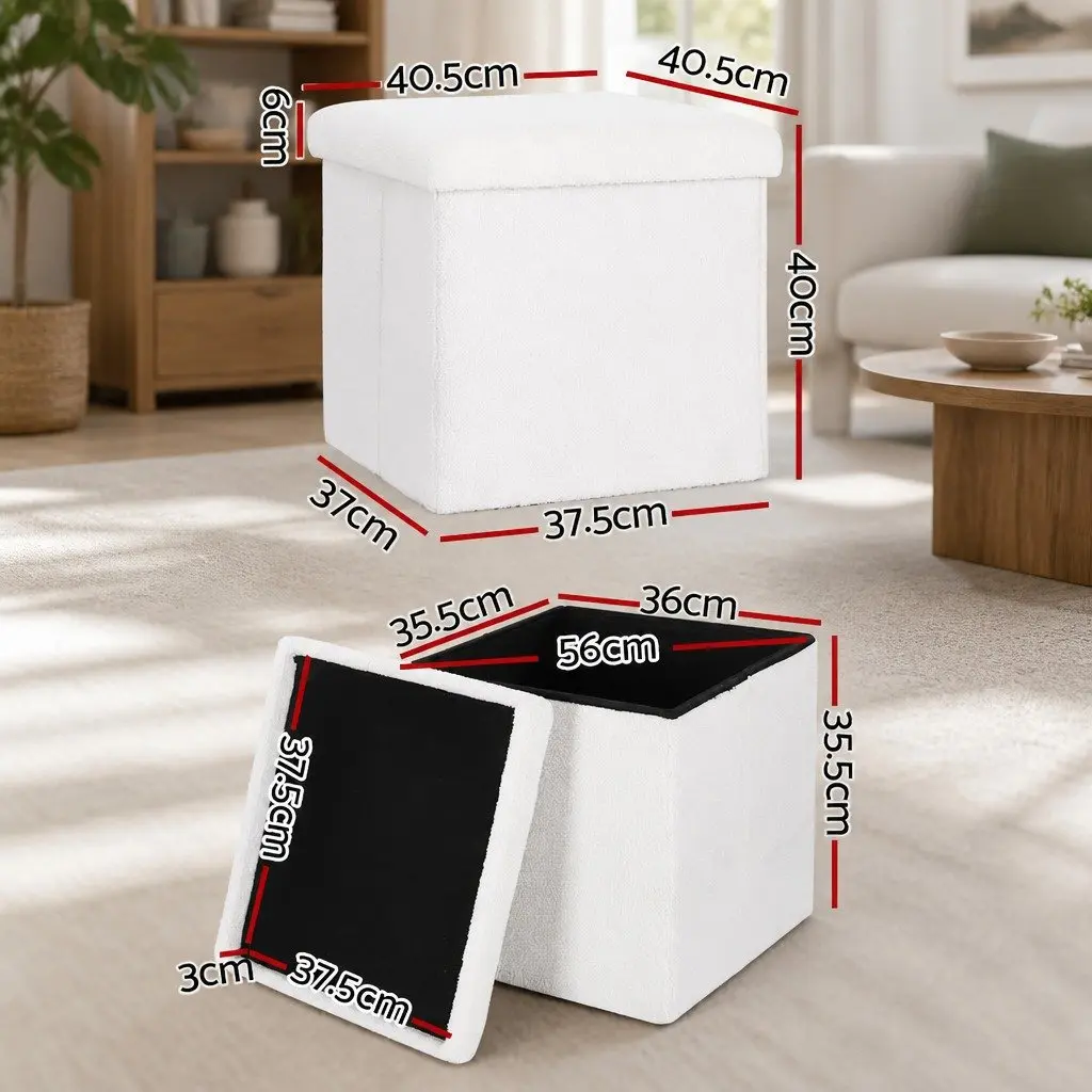 Ottoman Storage Footstool Soft Boucle Fabric Square White 40cm