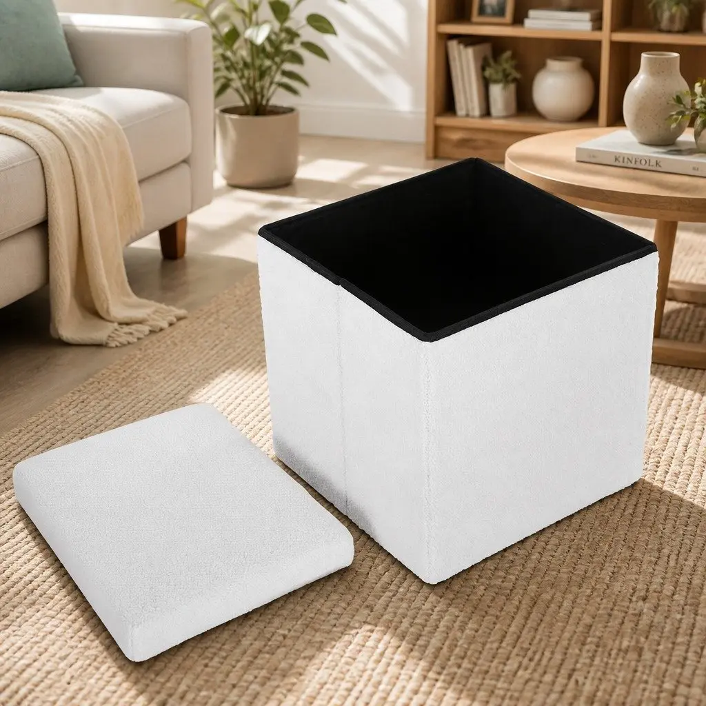 Ottoman Storage Footstool Soft Boucle Fabric Square White 40cm