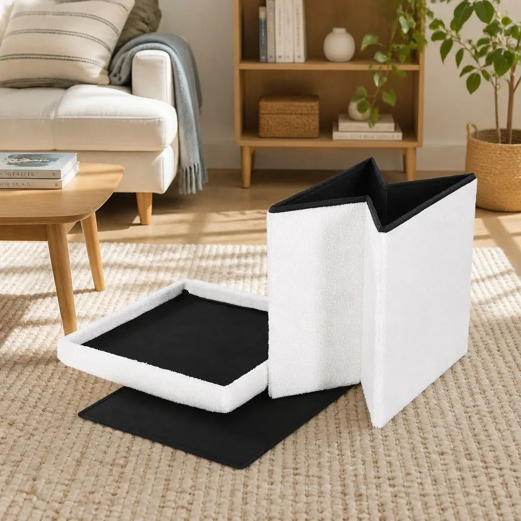 Ottoman Storage Footstool Soft Boucle Fabric Square White 40cm