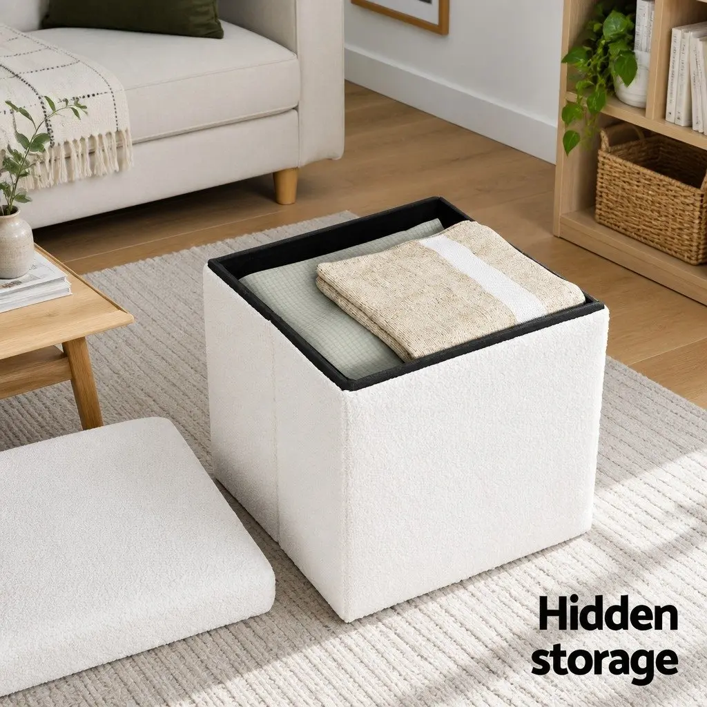 Ottoman Storage Footstool Soft Boucle Fabric Square White 40cm