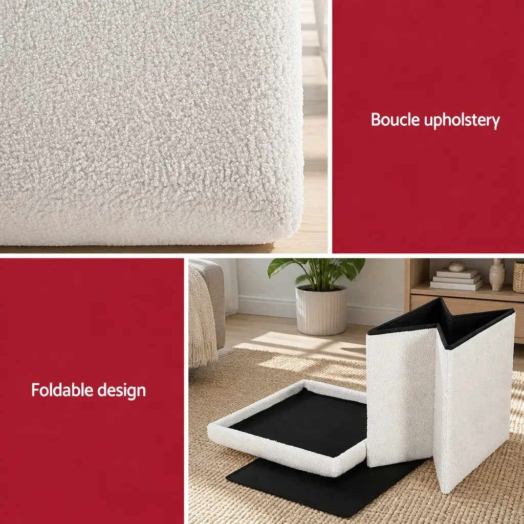 Ottoman Storage Footstool Soft Boucle Fabric Square White 40cm