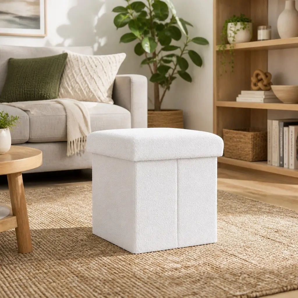 Ottoman Storage Footstool Soft Boucle Fabric Square White 40cm