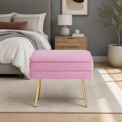 Storage Ottoman Foot Stool with Velvet Upholstery and Metal Legs