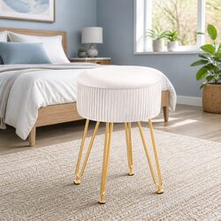 Round Ottoman Storage Footstool Coffee Table in White Velvet