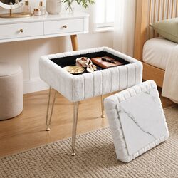 White Faux Fur Storage Ottoman with Reversible Lid