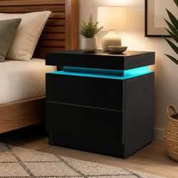 Black Bedside Table with LED Lighting and Two Storage Drawers