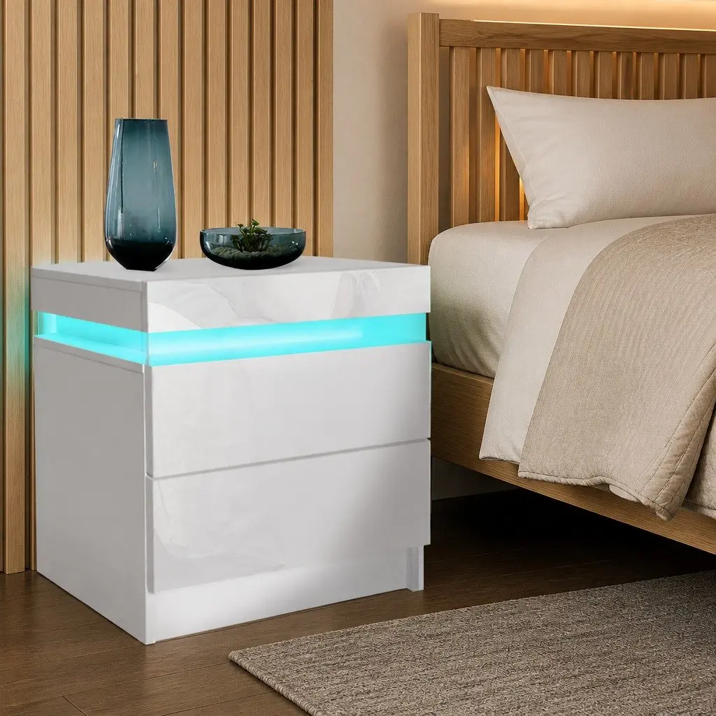 Bedside Table RGB LED Storage Drawers Lift-Top Compartment White 45cm L x 35cm W x 52cm H