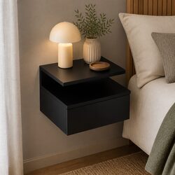 LED Light Black Wall-Mounted Bedside Table Set of 2