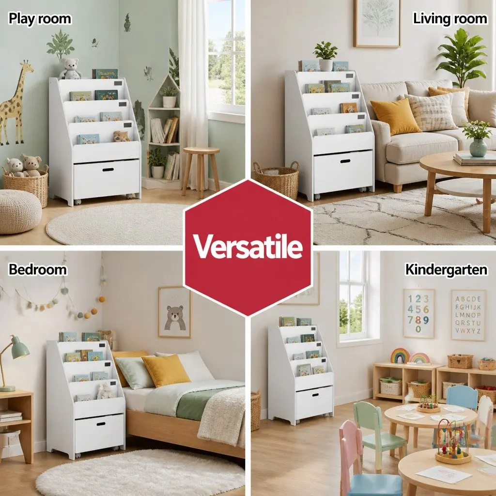 Kids Bookshelf 4 Tier Storage Organiser White with Drawers and Wheels