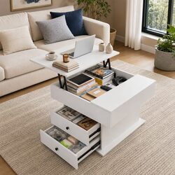 Square White Lift Top Coffee Table with Storage Features