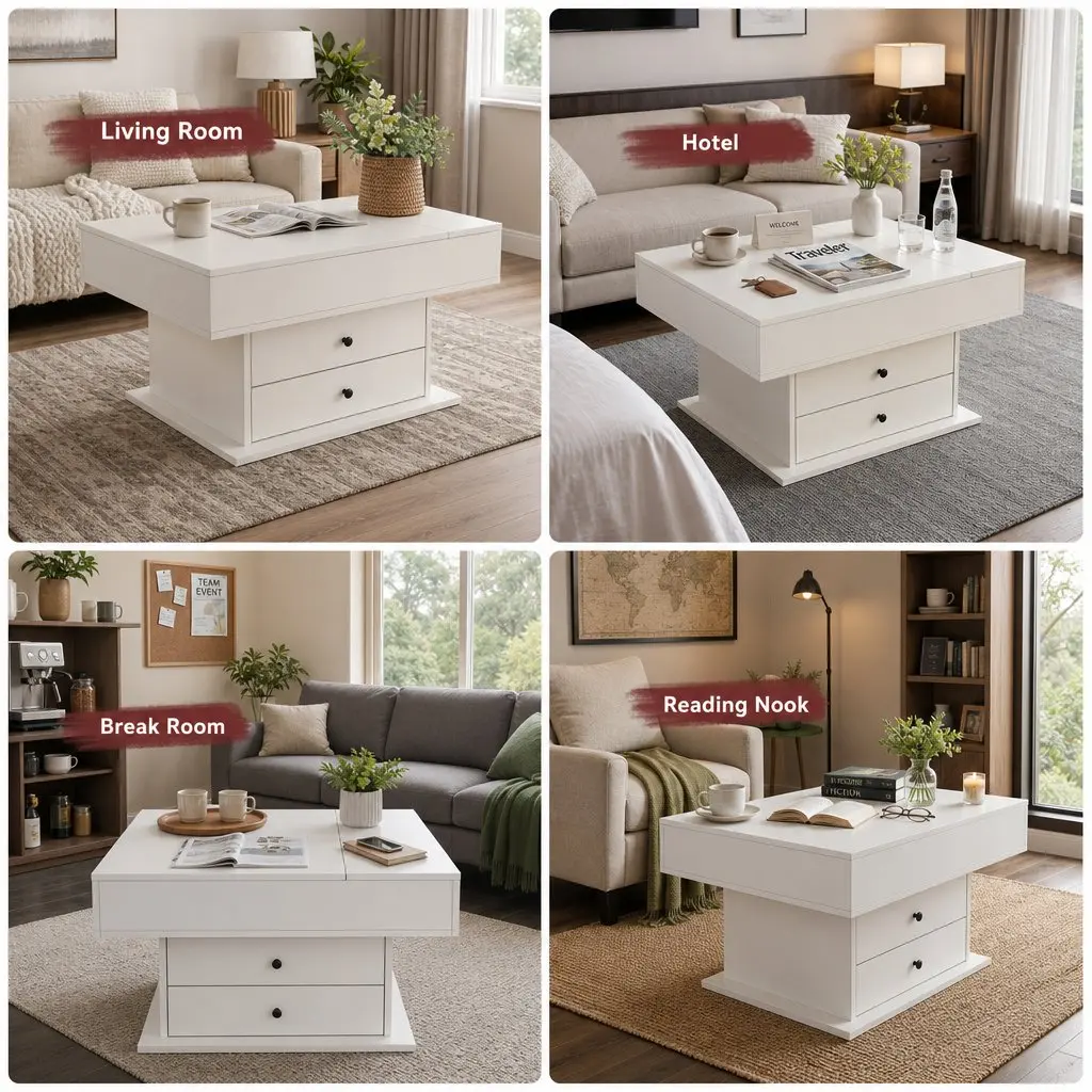 Lift Top Coffee Table Square Centre Table Rotating Top Hidden Storage White