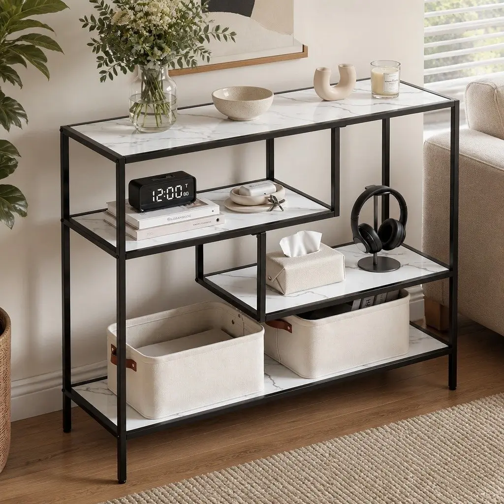 Console Table Slim Profile 4-Tier Open Storage Shelves Black