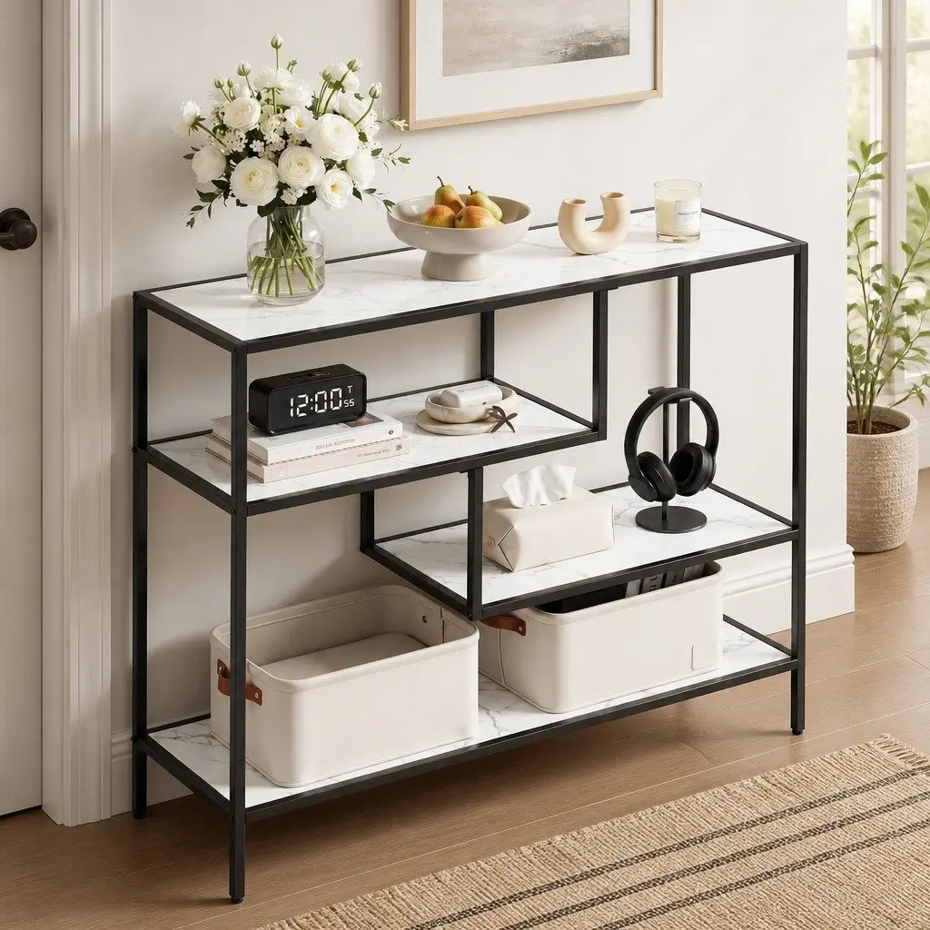 Console Table Slim Profile 4-Tier Open Storage Shelves Black