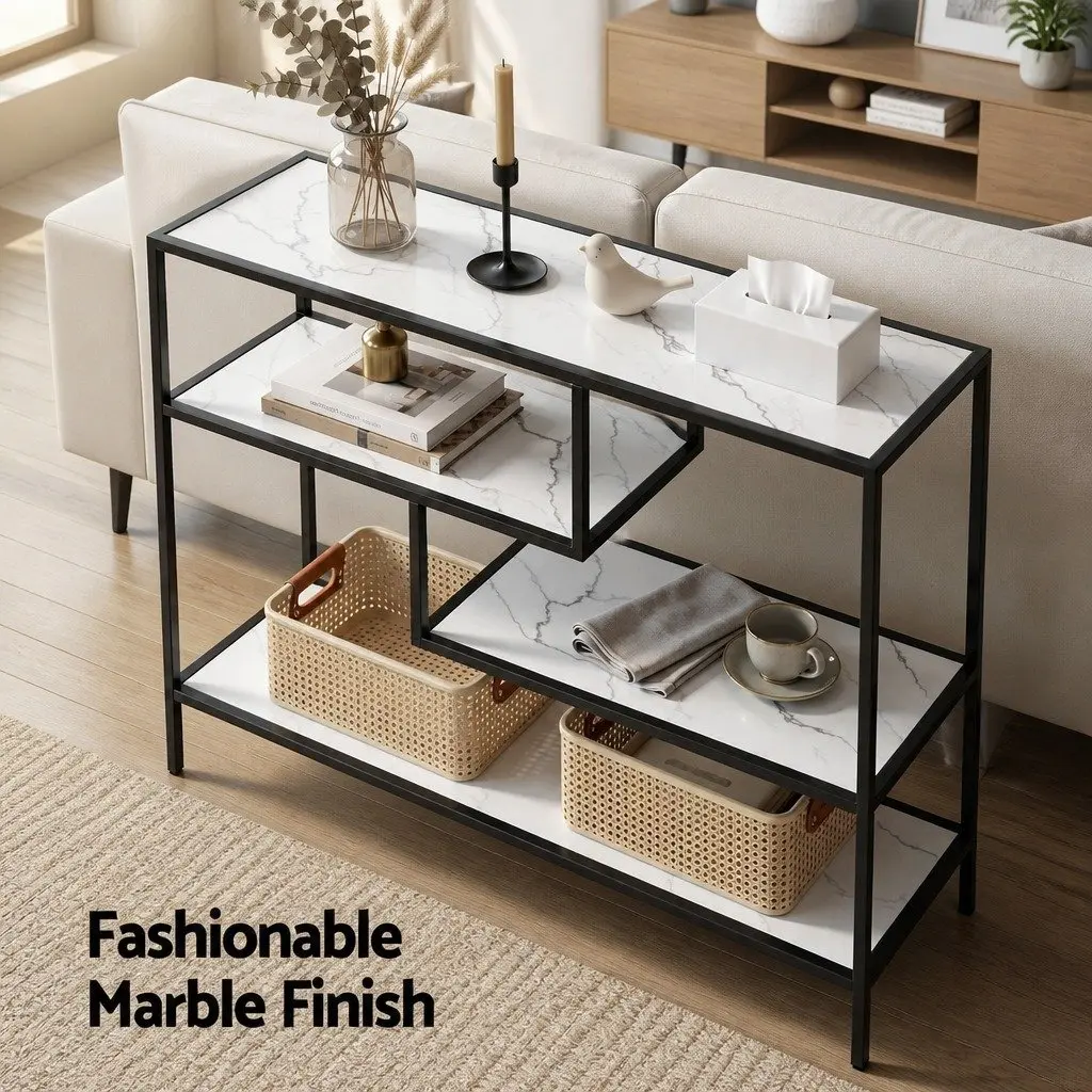 Console Table Slim Profile 4-Tier Open Storage Shelves Black