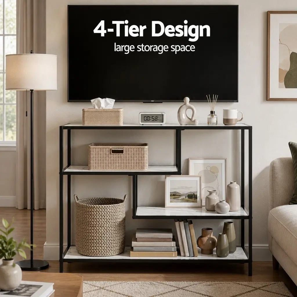 Console Table Slim Profile 4-Tier Open Storage Shelves Black